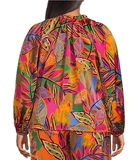 Sugarlips Plus Size Ruffled Split Neckline Balloon Long Sleeve Tropical Printed Coordinating Blouse