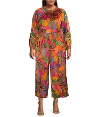 Sugarlips Plus Size Ruffled Split Neckline Balloon Long Sleeve Tropical Printed Coordinating Blouse