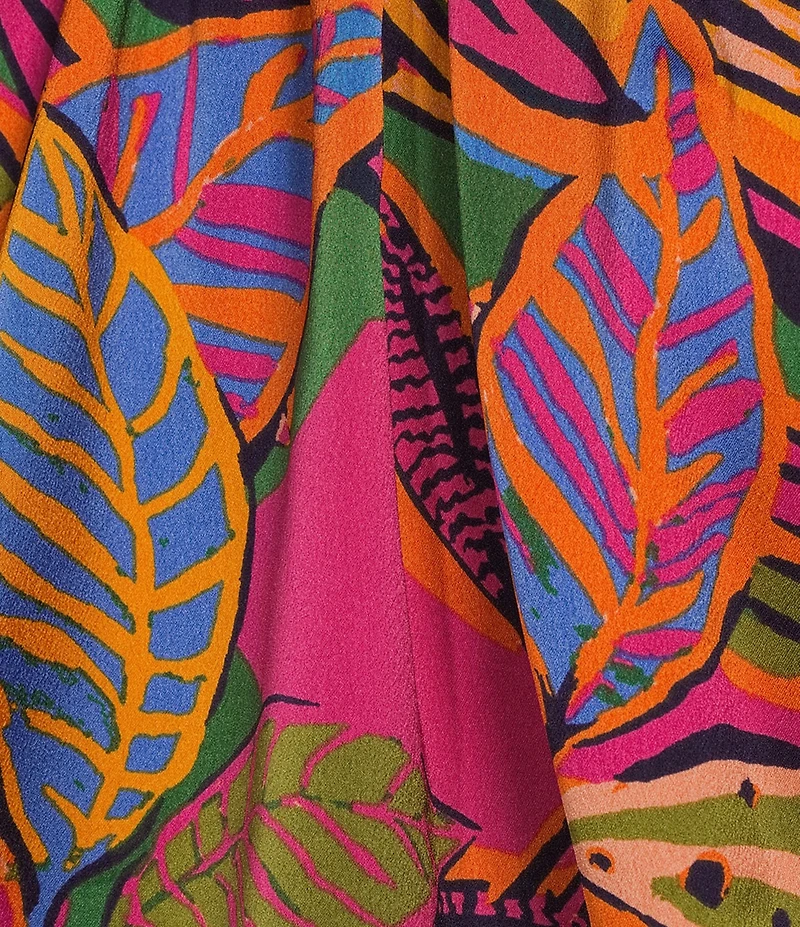 Sugarlips Plus Size Ruffled Split Neckline Balloon Long Sleeve Tropical Printed Coordinating Blouse