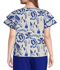 Sugarlips Plus Milagro Floral Printed Flutter Sleeve Pom-Pom-Trimmed Babydoll Blouse