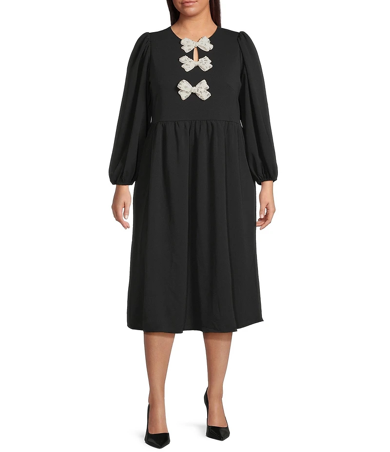 Sugarlips Plus Pearl Jena Glow Bow Round Neck Long Sleeve Velvet Midi Dress