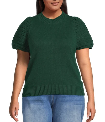 Sugarlips Plus Pearla Mock Neck Crochet Short Sleeve Sweater Top