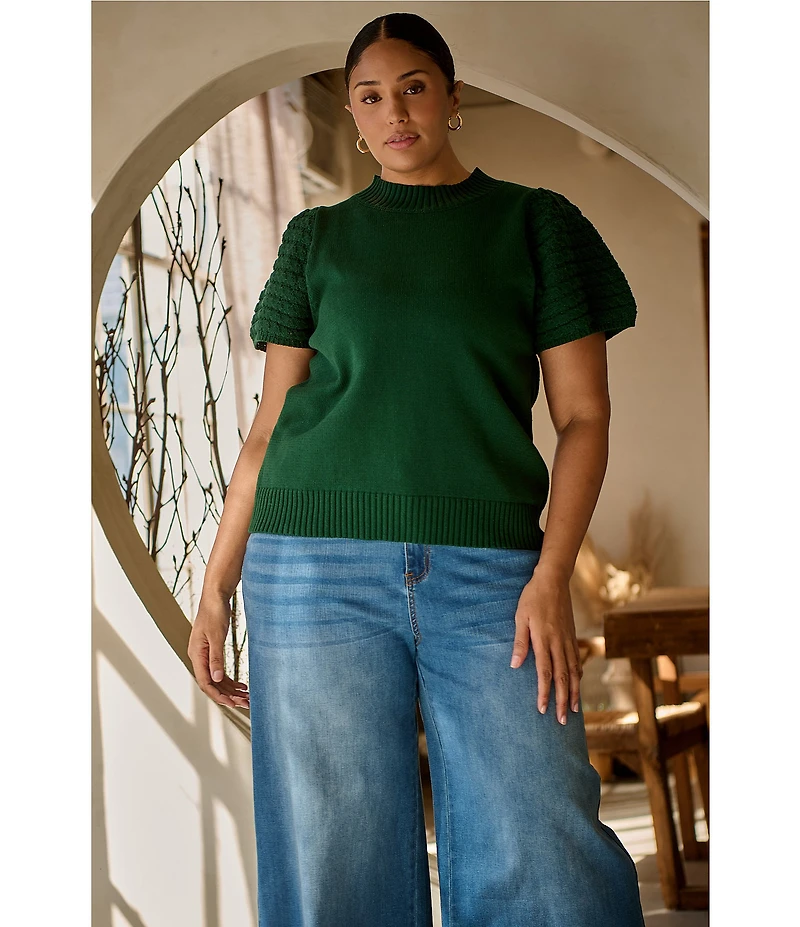 Sugarlips Plus Pearla Mock Neck Crochet Short Sleeve Sweater Top
