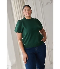 Sugarlips Plus Pearla Mock Neck Crochet Short Sleeve Sweater Top