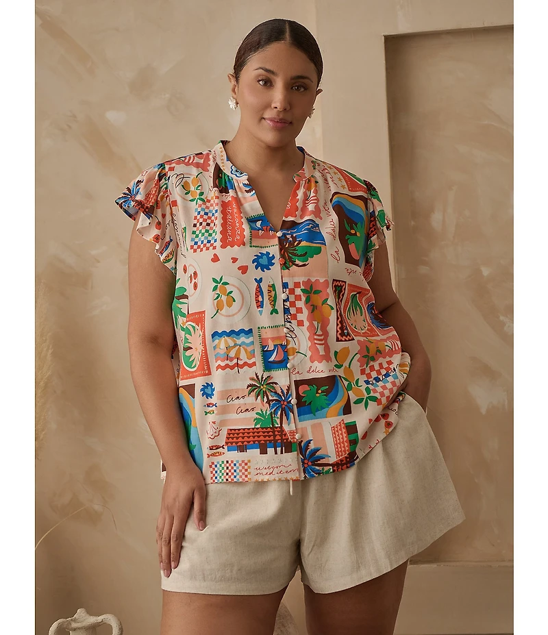 Sugarlips Plus Postcard Print Short Sleeve Coordinating Blouse