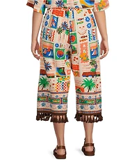 Sugarlips Plus Postcard Print Tassel Trimmed Cropped Coordinating Pants