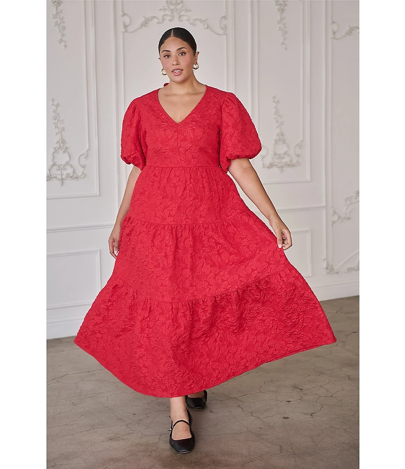Sugarlips Plus Puffed-Sleeve Floral Jacquard Tiered Long Dress