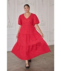 Sugarlips Plus Puffed-Sleeve Floral Jacquard Tiered Long Dress