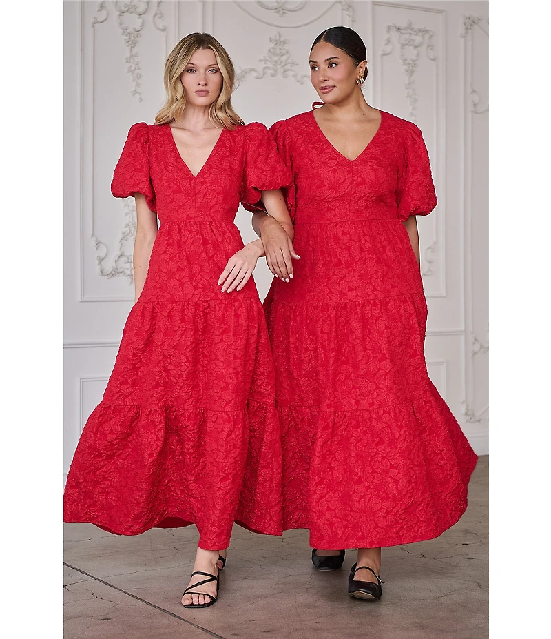 Sugarlips Plus Puffed-Sleeve Floral Jacquard Tiered Long Dress