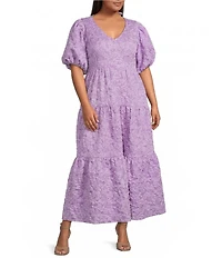 Sugarlips Plus Puffed-Sleeve Floral Jacquard Tiered Long Dress