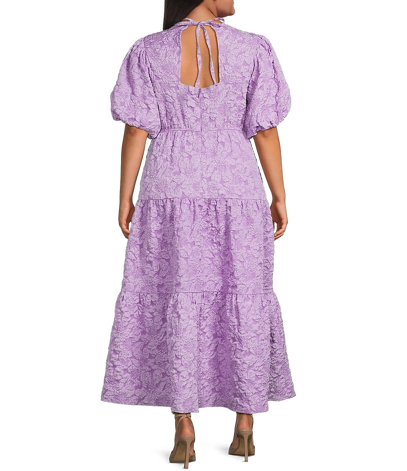 Sugarlips Plus Puffed-Sleeve Floral Jacquard Tiered Long Dress