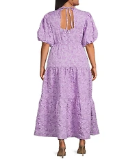Sugarlips Plus Puffed-Sleeve Floral Jacquard Tiered Long Dress