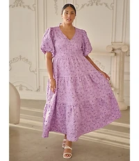 Sugarlips Plus Puffed-Sleeve Floral Jacquard Tiered Long Dress