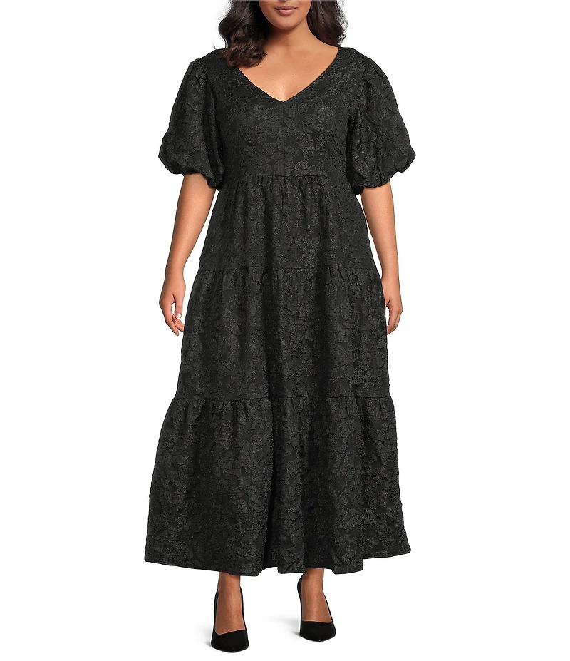 Sugarlips Plus Puffed-Sleeve Floral Jacquard Tiered Long Dress