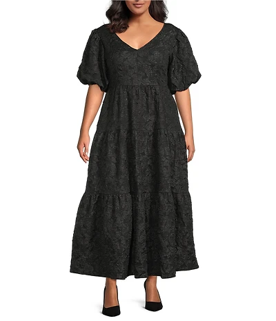 Sugarlips Plus Puffed-Sleeve Floral Jacquard Tiered Long Dress