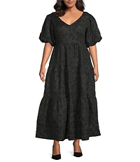 Sugarlips Plus Puffed-Sleeve Floral Jacquard Tiered Long Dress