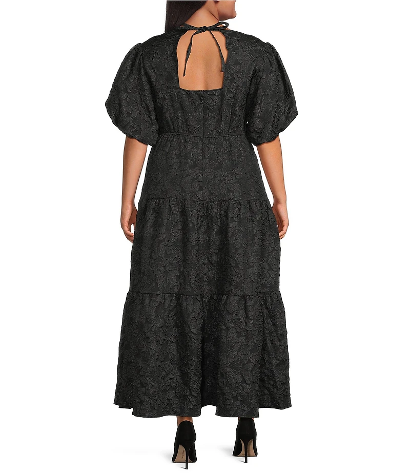 Sugarlips Plus Puffed-Sleeve Floral Jacquard Tiered Long Dress
