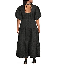 Sugarlips Plus Puffed-Sleeve Floral Jacquard Tiered Long Dress