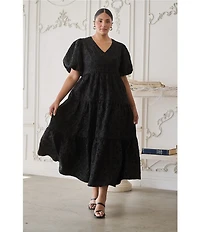 Sugarlips Plus Puffed-Sleeve Floral Jacquard Tiered Long Dress