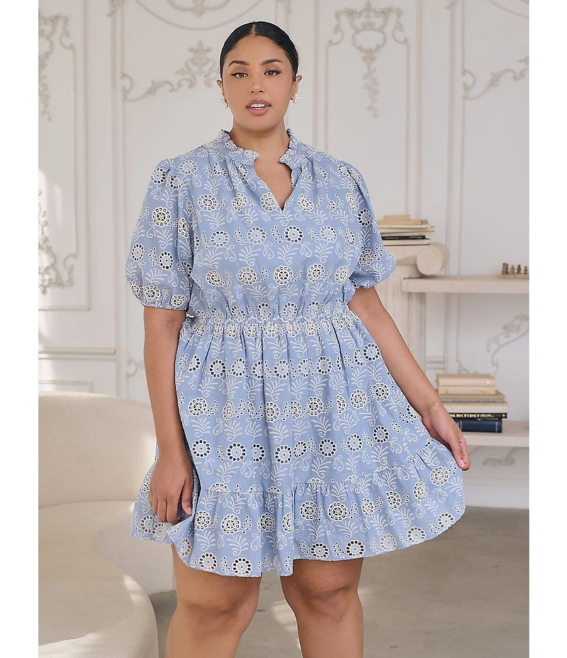 Sugarlips Plus Rosie Embroidered Floral Eyelet Puff Sleeve Mini Dress