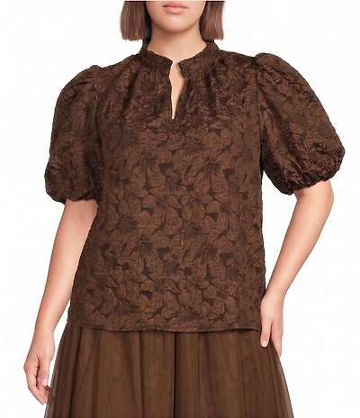 Sugarlips Plus Short Sleeve Floral Jacquard Split Neck Top