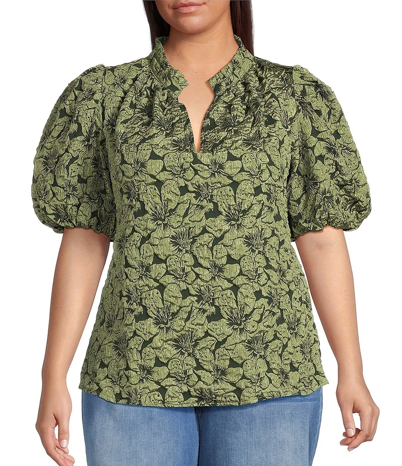 Sugarlips Plus Short Sleeve Floral Jacquard Split Neck Top