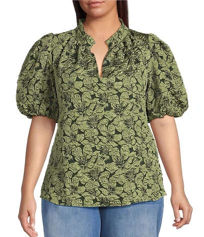 Sugarlips Plus Short Sleeve Floral Jacquard Split Neck Top
