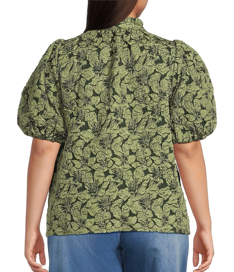 Sugarlips Plus Short Sleeve Floral Jacquard Split Neck Top