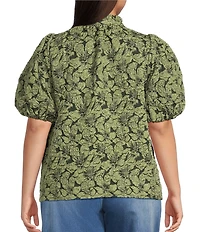 Sugarlips Plus Short Sleeve Floral Jacquard Split Neck Top