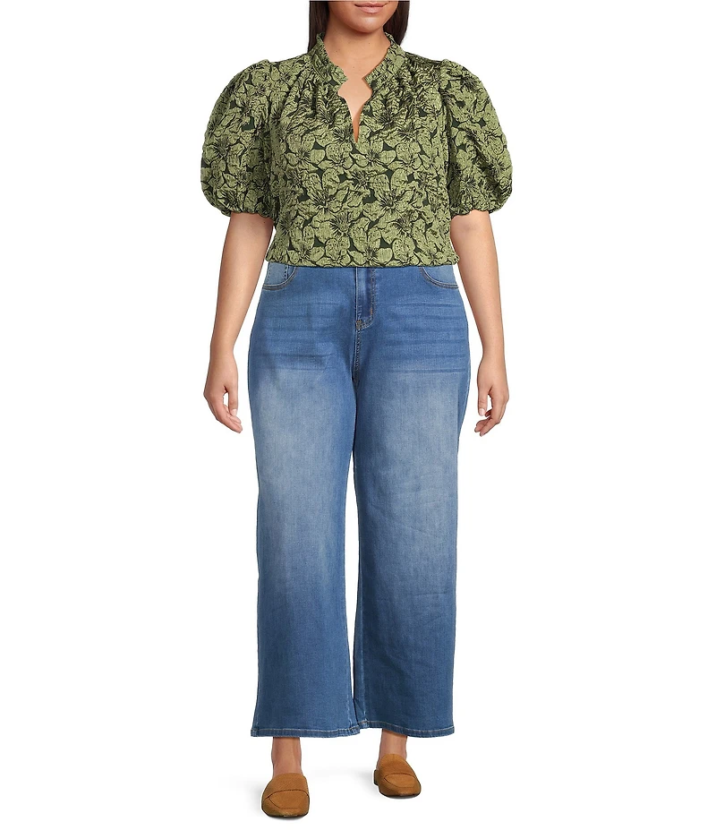 Sugarlips Plus Short Sleeve Floral Jacquard Split Neck Top