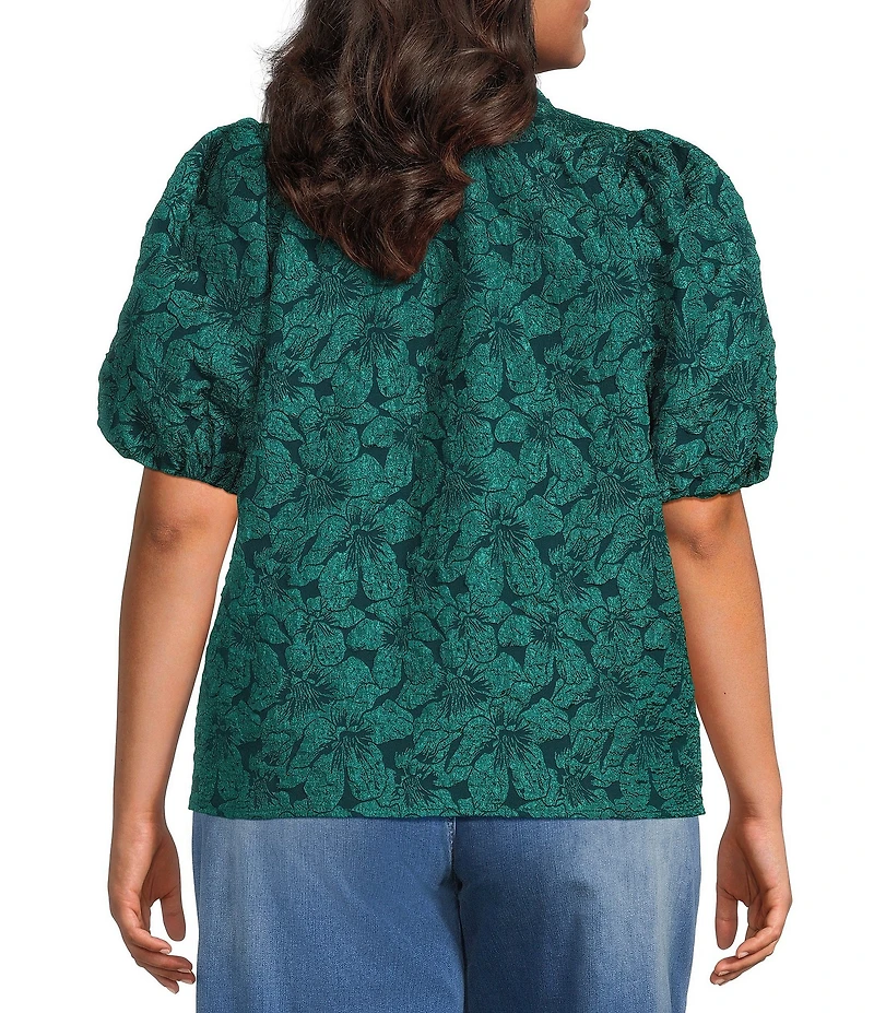 Sugarlips Plus Short Sleeve Floral Jacquard Split Neck Top