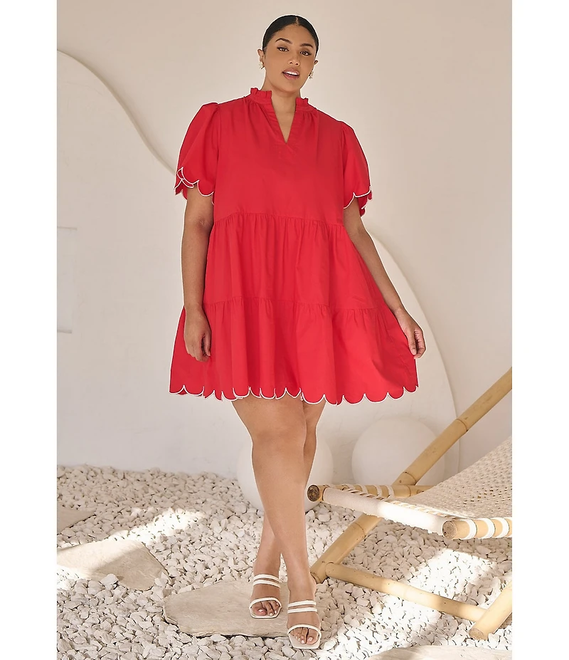 Sugarlips Plus Short Sleeve Scalloped Trim Tiered Dress