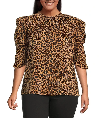 Sugarlips Plus Size 3/4-Sleeve Animal Print Stretch Crepe Blouse