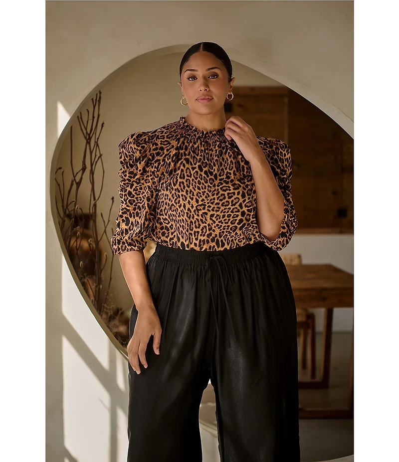 Sugarlips Plus Size 3/4-Sleeve Animal Print Stretch Crepe Blouse