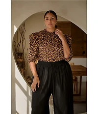 Sugarlips Plus Size 3/4-Sleeve Animal Print Stretch Crepe Blouse