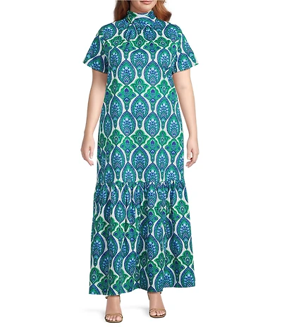 Sugarlips Plus Size Abstract Dime Printed Mock Neck Short Sleeve Maxi Dress