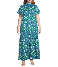 Sugarlips Plus Size Abstract Dime Printed Mock Neck Short Sleeve Maxi Dress