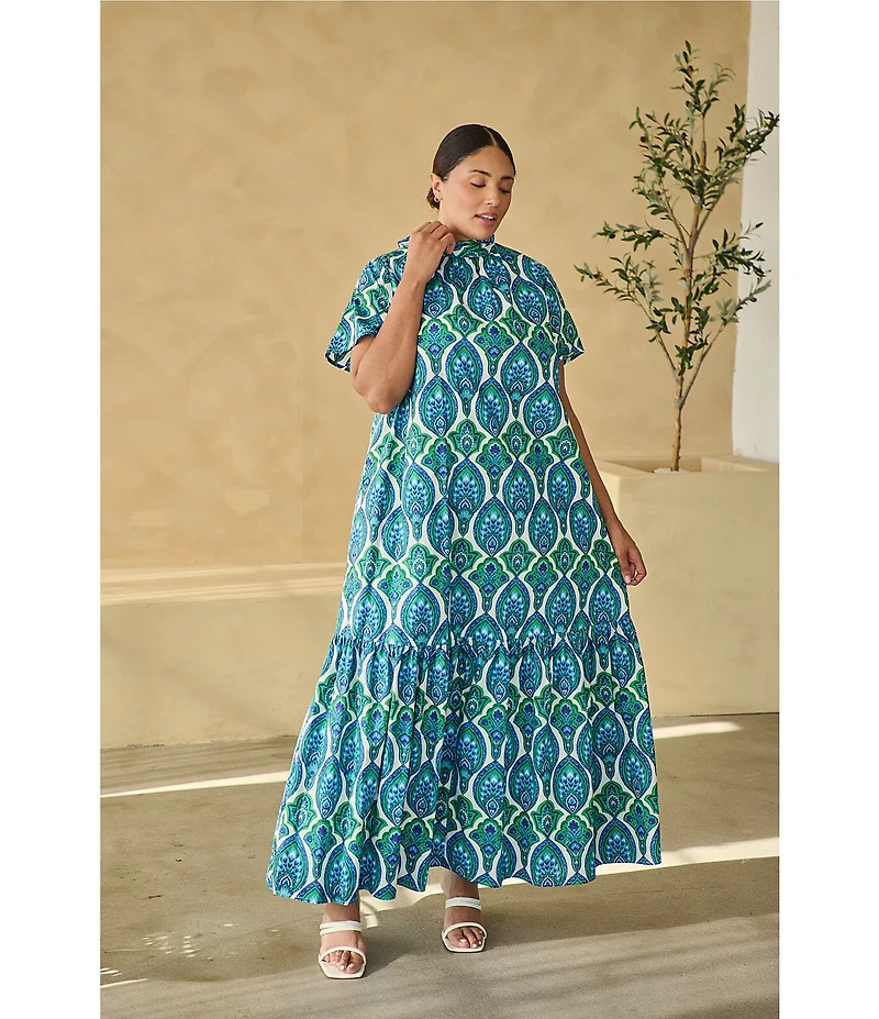 Sugarlips Plus Size Abstract Dime Printed Mock Neck Short Sleeve Maxi Dress