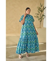 Sugarlips Plus Size Abstract Dime Printed Mock Neck Short Sleeve Maxi Dress