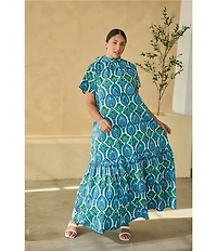 Sugarlips Plus Size Abstract Dime Printed Mock Neck Short Sleeve Maxi Dress