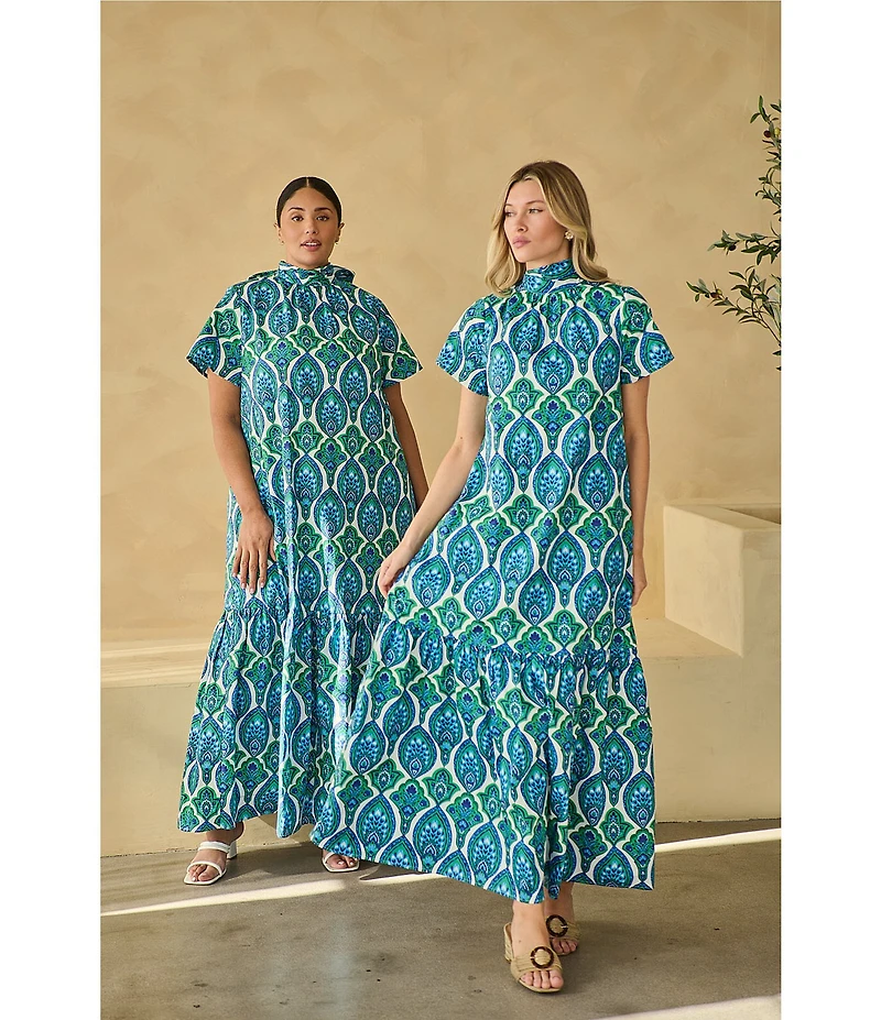 Sugarlips Plus Size Abstract Dime Printed Mock Neck Short Sleeve Maxi Dress