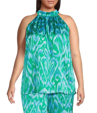 Sugarlips Plus Size Abstract Nature Printed Halter Neck Sleeveless Coordinating Satin Top