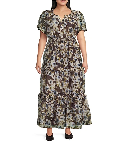 Sugarlips Plus Size Abstract Palmer Printed Split V-Neck Short Sleeve Tiered Maxi Dress
