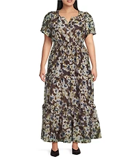 Sugarlips Plus Size Abstract Palmer Printed Split V-Neck Short Sleeve Tiered Maxi Dress