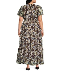 Sugarlips Plus Size Abstract Palmer Printed Split V-Neck Short Sleeve Tiered Maxi Dress
