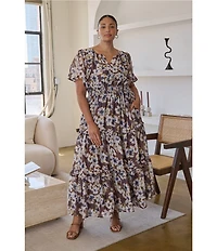 Sugarlips Plus Size Abstract Palmer Printed Split V-Neck Short Sleeve Tiered Maxi Dress