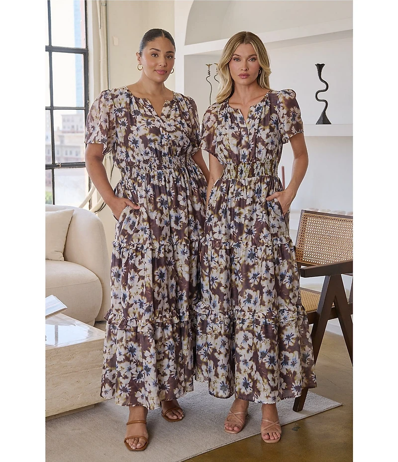 Sugarlips Plus Size Abstract Palmer Printed Split V-Neck Short Sleeve Tiered Maxi Dress