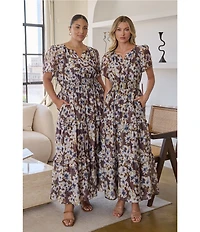 Sugarlips Plus Size Abstract Palmer Printed Split V-Neck Short Sleeve Tiered Maxi Dress
