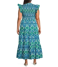 Sugarlips Plus Size Abstract Sunfire Printed Split V-Neck Cap Sleeve Tiered Poplin Maxi Dress