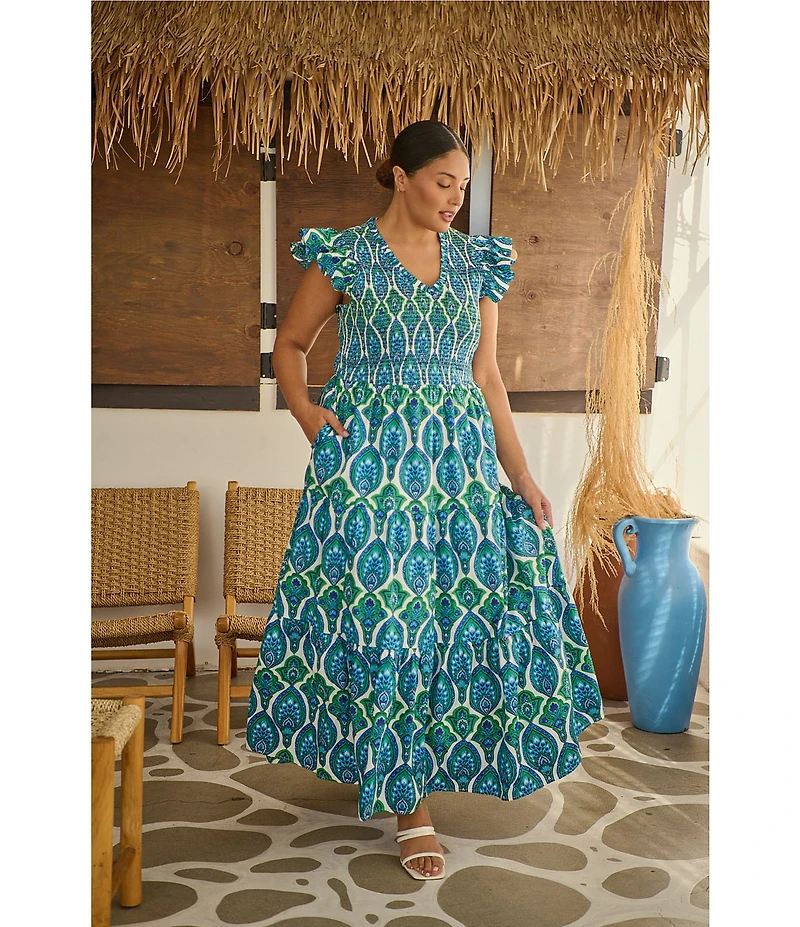 Sugarlips Plus Size Abstract Sunfire Printed Split V-Neck Cap Sleeve Tiered Poplin Maxi Dress